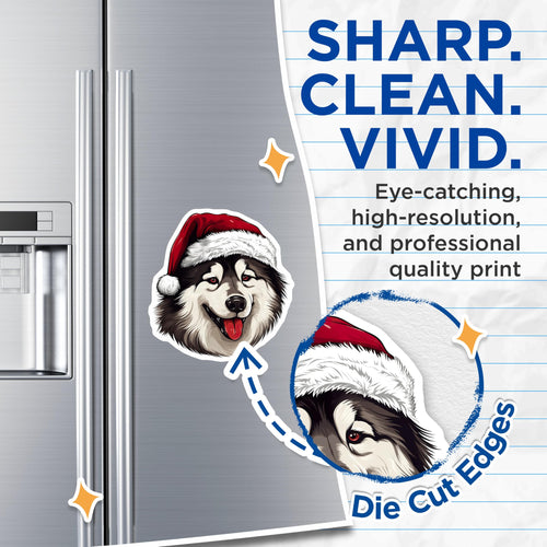 (2 Pack) Alaskan Malamute Santa Hat Magnets - Christmas Dog Refrigerator Decor - Winter Holiday Pet Art - 5 Inches On Longest Side - Thick Durable Magnet - Made in USA - MAG24781