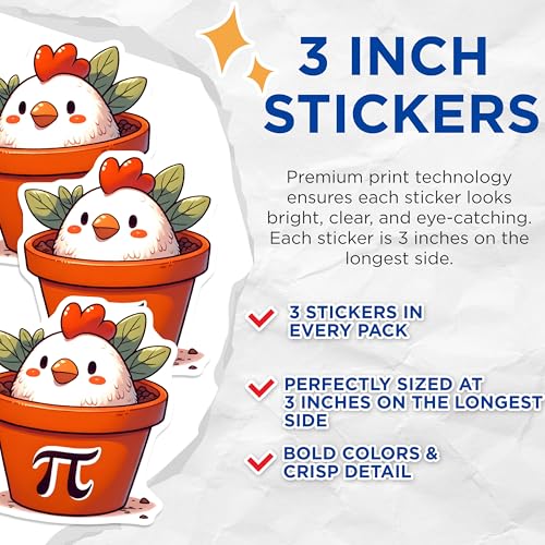(3 Pack) Pi Chicken Decals - Math Lover - Funny Chicken Decal - 3 Inches On Longest Side - Easy Peel & Apply - Made in USA - 3MCS6923