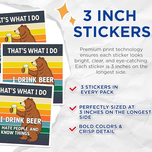 (3 Pack) Beer Drinking Bear Decals - Sarcastic Humor - I Hate People Saying Decals - 3 Inches On Longest Side - Easy Peel & Apply - Made in USA - 3MCS8729