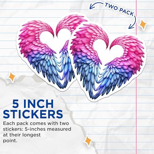 (2 Pack) Angel Wing Heart Stickers - Colorful Feather Stickers - Pink and Blue Wings Sticker - 5" On Longest Side - Sticks to Smooth Flat Surfaces - Made in USA - BMCS7175