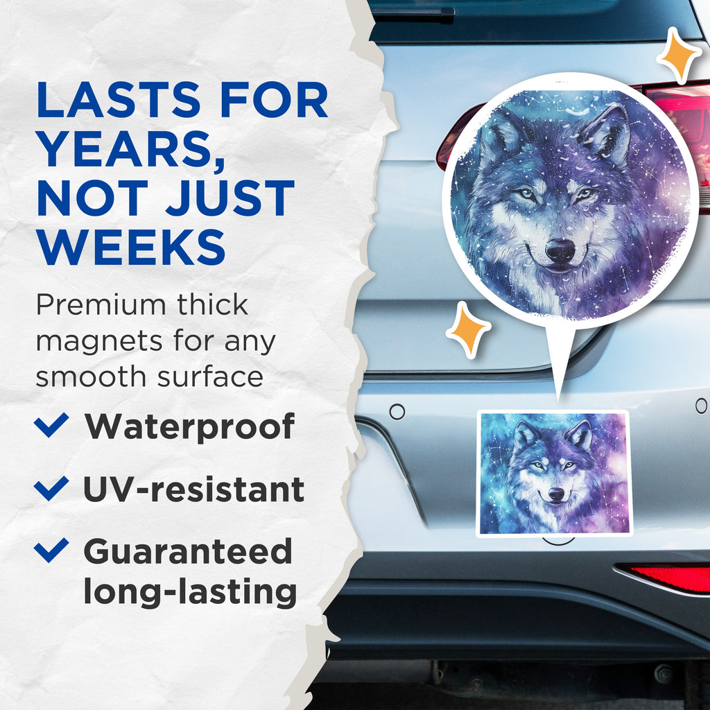 (2 Pack) Watercolor Wolf Magnets - Galaxy Animal Art - Celestial Spirit Decor Fridge Locker - 5 Inches On Longest Side - Thick Durable Magnet - Made in USA - MAG38343