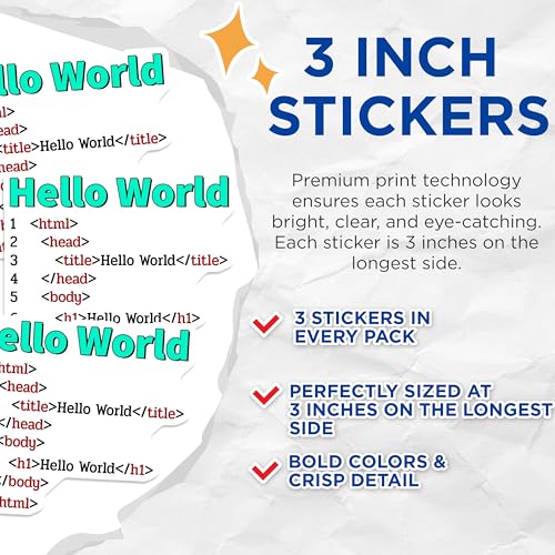 (3 Pack) Hello World Decals - HTML Code Decals - Programmer Sticker - 3 Inches On Longest Side - Easy Peel & Apply - Made in USA - 3MCS6199