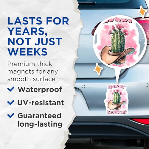 (2 Pack) Howdy Valentine Magnets - Cactus Flower Magnets - Cowboy Hat Magnets for Valentine's Day - 5" On Longest Side - for Cars, Refrigerators, Toolboxes, Lockers - Made in USA BMCS3144