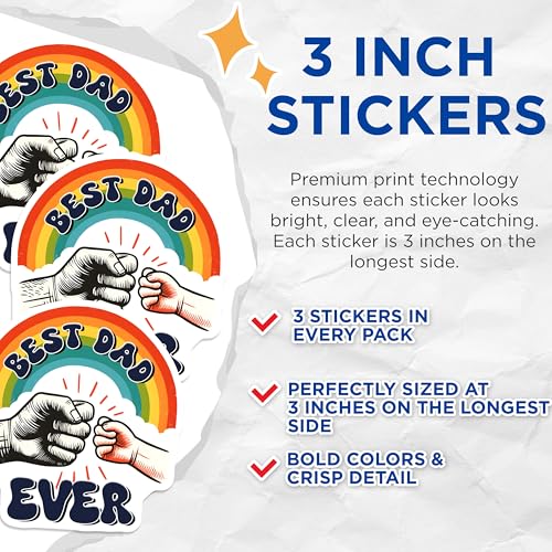 (3 Pack) Best Dad Ever Decals - Rainbow Graphic Decal - Fathers Day Decals - 3 Inches On Longest Side - Easy Peel & Apply - Made in USA - 3MCS6243