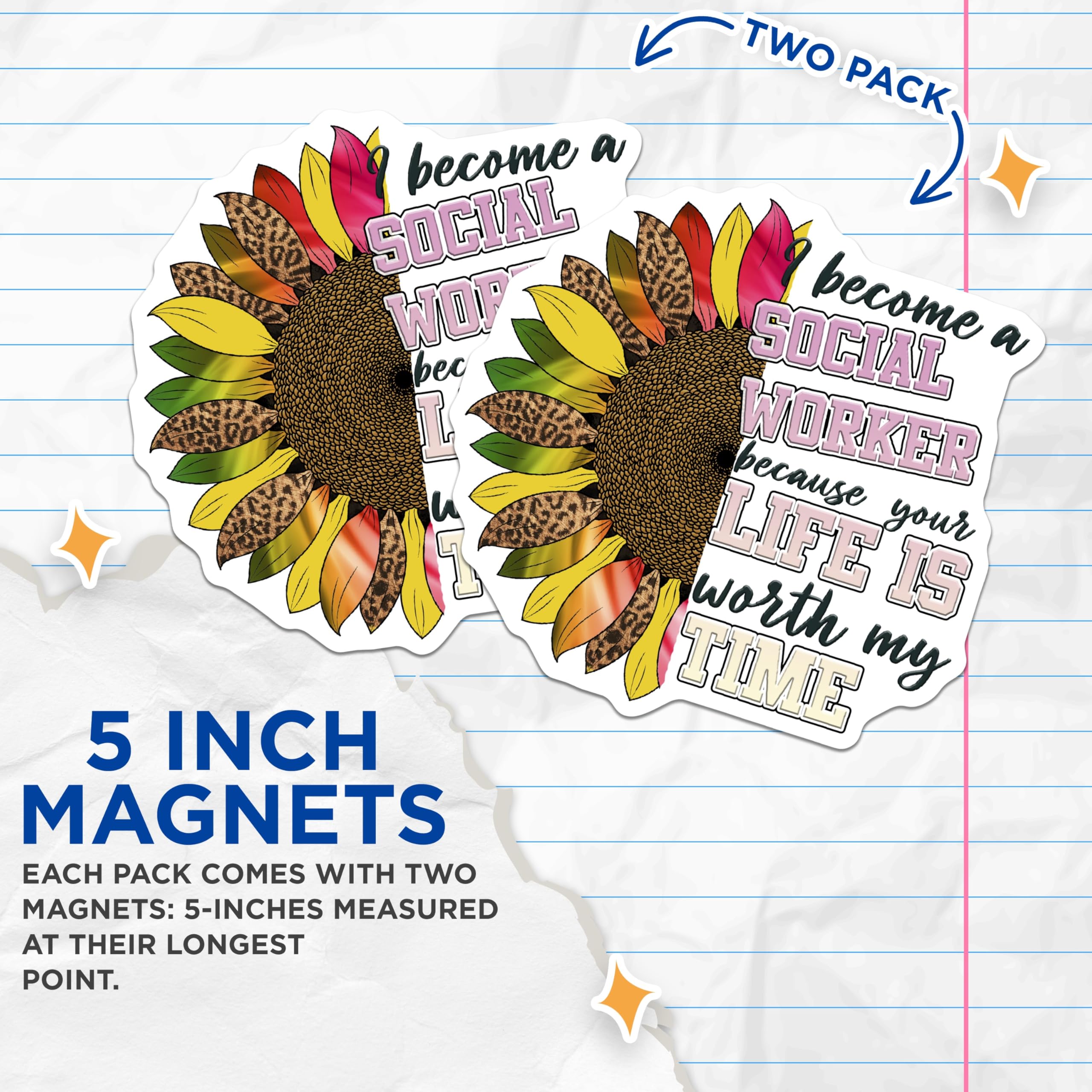 (2 Pack) Social Worker Magnets - Sunflower Design - Appreciation Decor - 5" On Longest Side - Premium Magnet - for Cars, Refrigerators, Toolboxes, Lockers - Made in USA - MAG16151