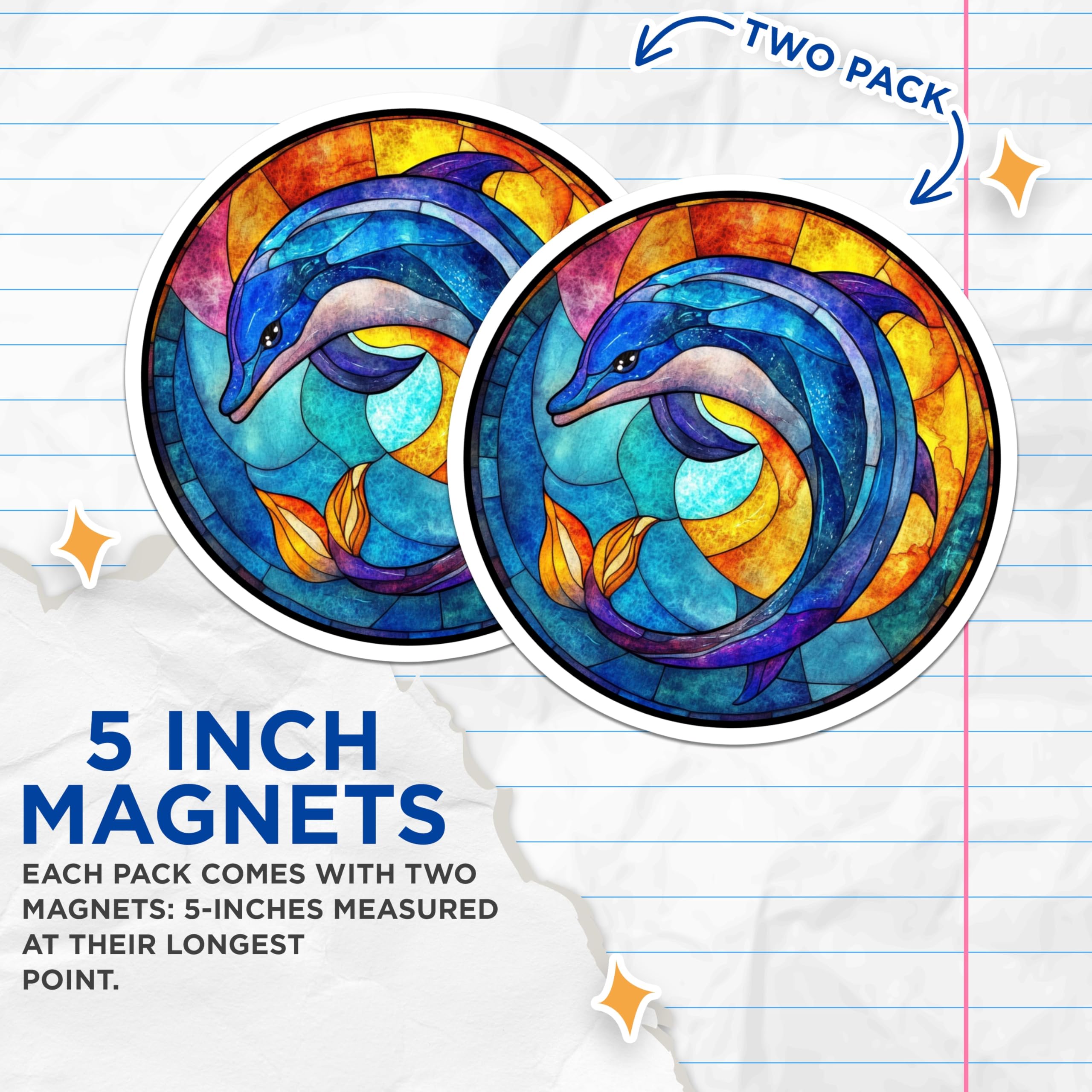 (2 Pack) Stained Glass Dolphin Magnets - Ocean Animal Decor - Vibrant Sea Life - Artistic Fridge Magnet - 5 Inches On Longest Side - Thick Durable Magnet - Made in USA - MAG29256