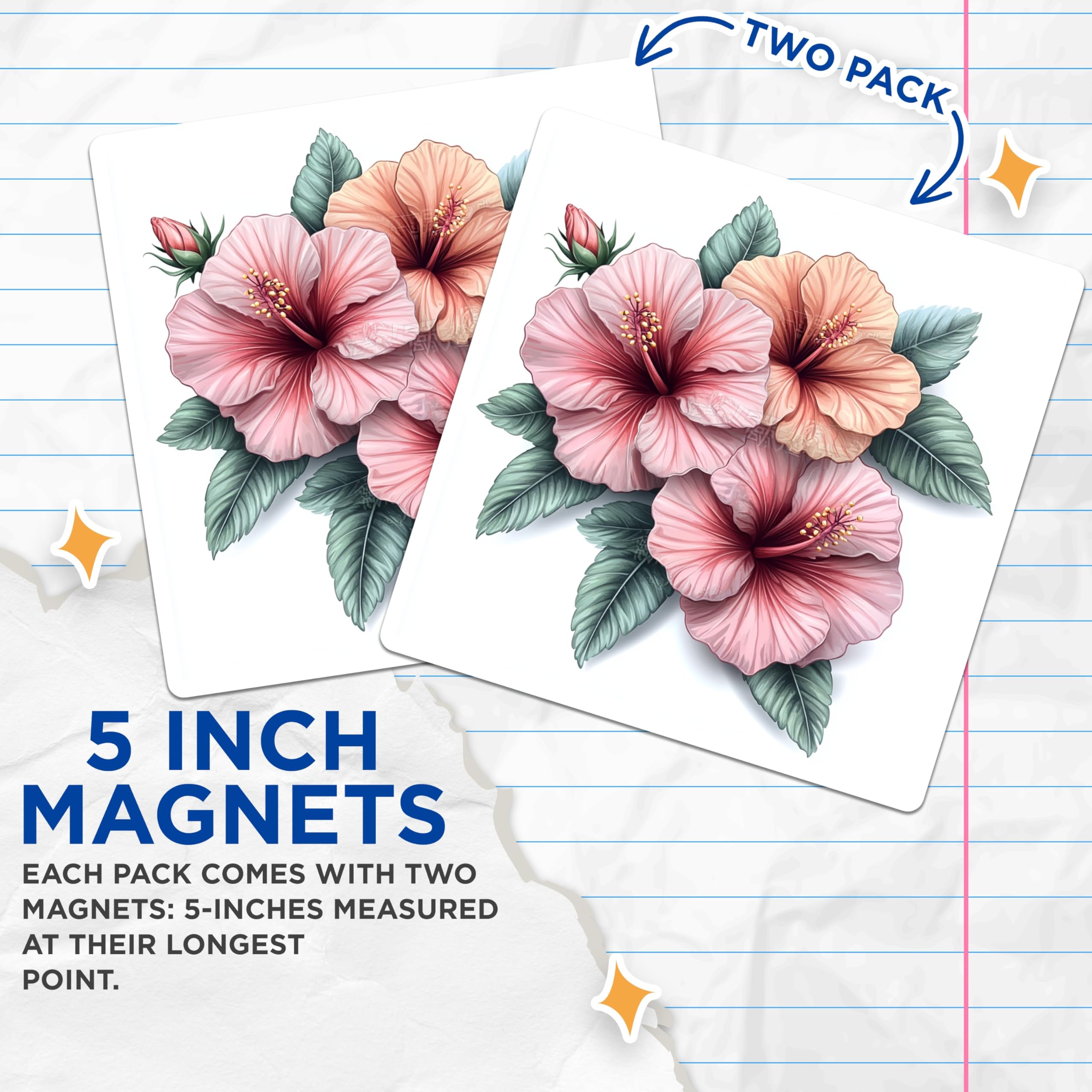 (2 Pack) Hibiscus Flower Magnets - Tropical Pink Floral Decor - Summer Kitchen Refrigerator Art - 5 Inches On Longest Side - Thick Durable Magnet - Made in USA - MAG30621