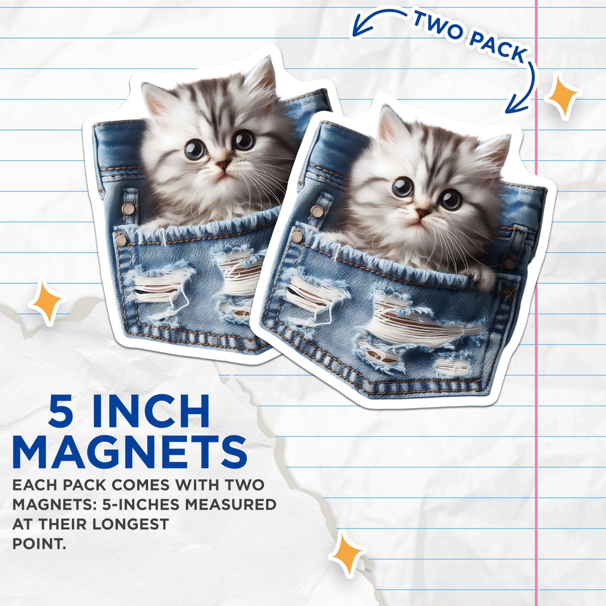 (2 Pack) Kitten in Pocket Magnets - Cute Cat Illustration - Fridge Decor - 5" On Longest Side - Premium Magnet - for Cars, Refrigerators, Toolboxes, Lockers - Made in USA - MAG16062