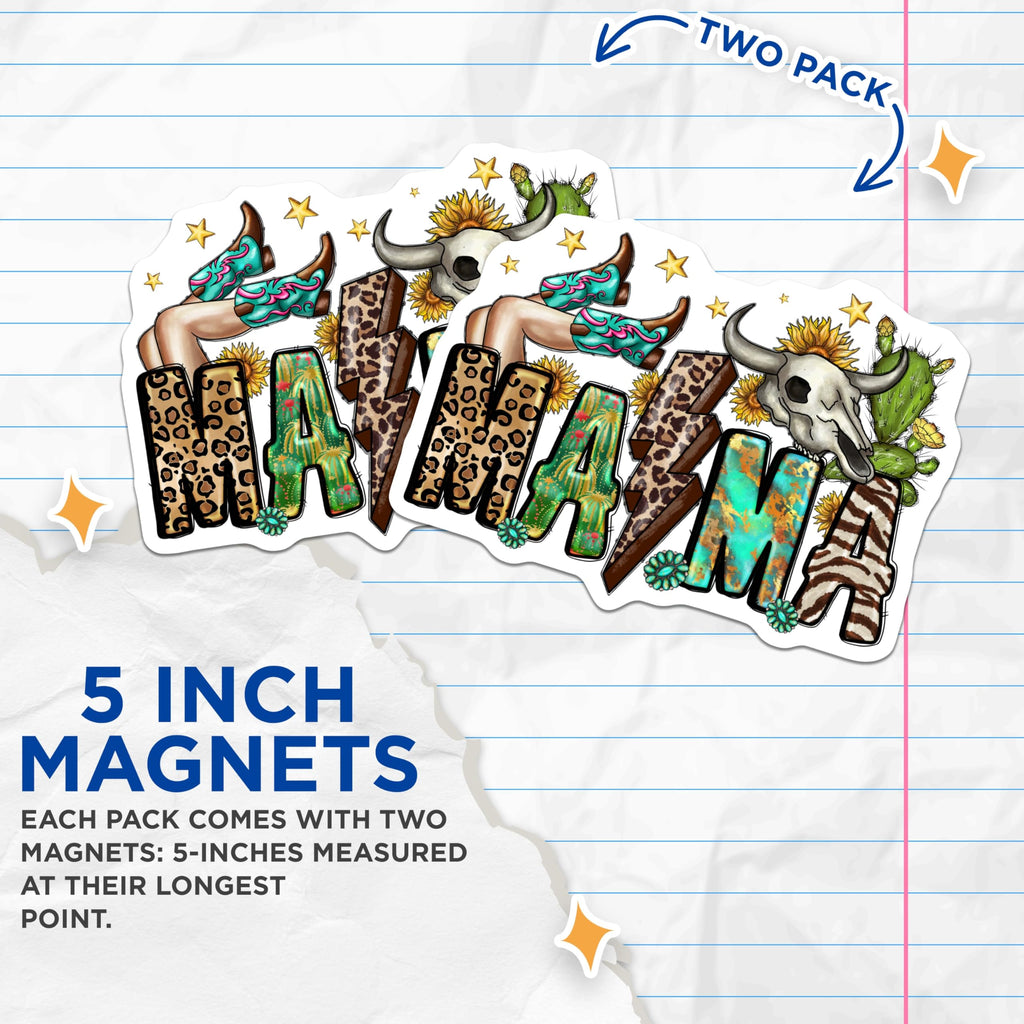 (2 Pack) Western Mama Magnets - Boho Country Mom Decor - Cowgirl Boots Bull Skull Sunflowers Cactus - 5 Inches On Longest Side - Thick Durable Magnet - Made in USA - MAG23640