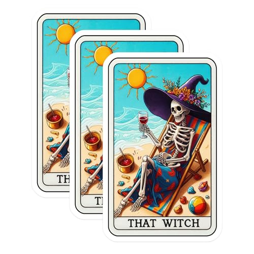 (3 Pack) Beach Witch Decals - Skeleton Witch Art - Halloween Witch Decals - 3 Inches On Longest Side - Easy Peel & Apply - Made in USA - 3MCS4108
