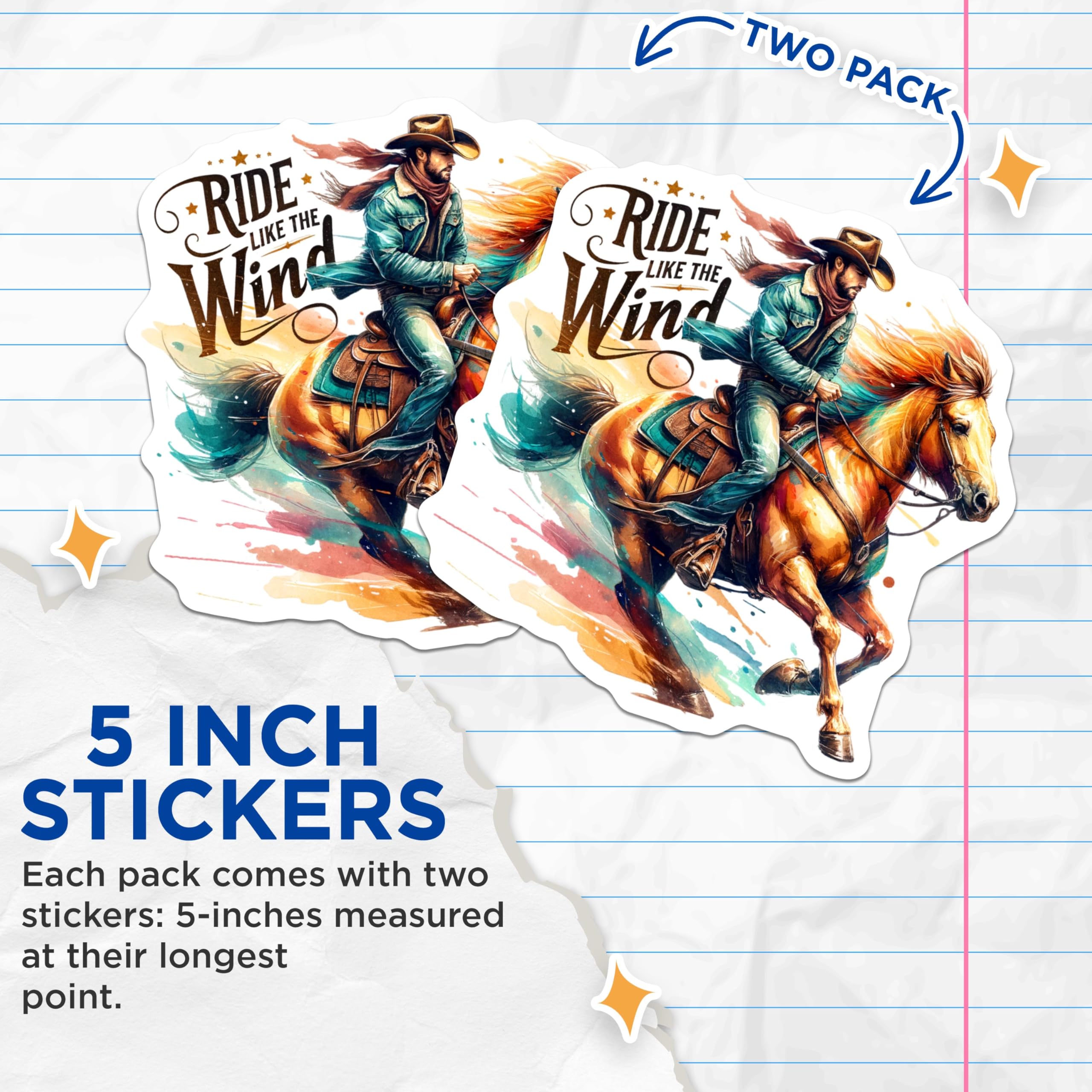 (2 Pack) Cowboy Rider Stickers - Ride Like The Wind - Horse Riding Decals - 5" On Longest Side - Sticks to Smooth Flat Surfaces - Made in USA - BMCS6932