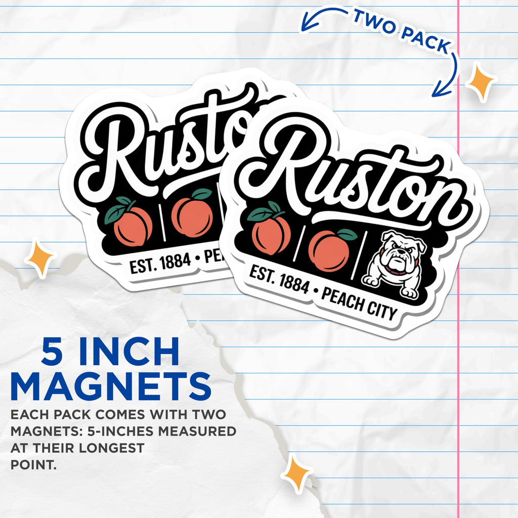 (2 Pack) Ruston LA Magnets - Peach City Bulldog Decor - Louisiana Souvenir - 5" On Longest Side - Premium Magnet - for Cars, Refrigerators, Toolboxes, Lockers - Made in USA - MAG17204