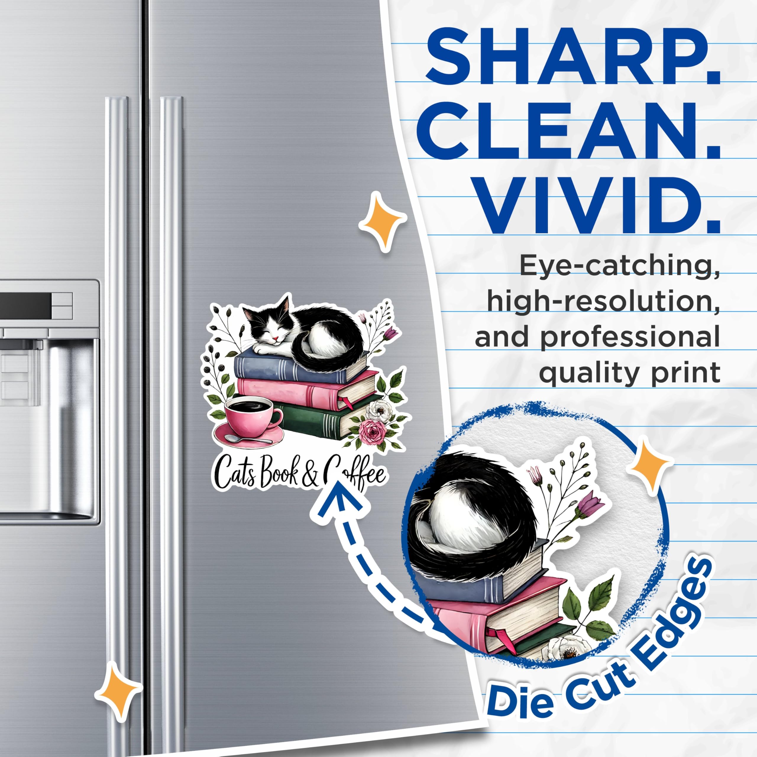 (2 Pack) Cats Book and Coffee Magnets - Cute Cat Lover Magnets - Bookworm Coffee Enthusiast Magnets- 5" On Longest Side - for Fridges, Toolboxes, Cars - Made in USA - MAG2749