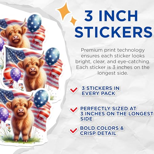 (3 Pack) Highland Cow Decals - American Flag - Patriotic Balloons - Laptop Decal- 3 Inches On Longest Side - Easy Peel & Apply - Made in USA - 3MCS5140