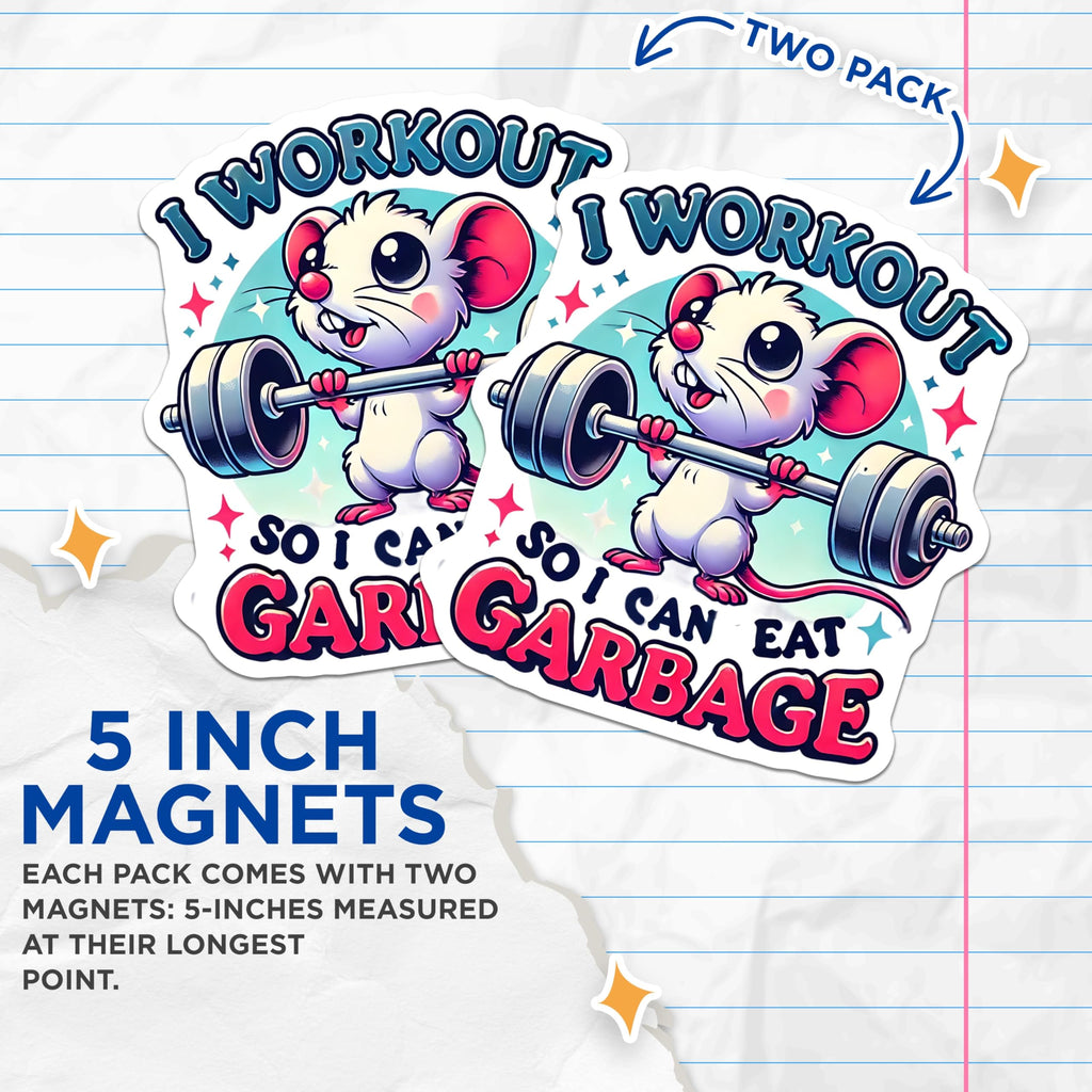 (2 Pack) Workout Mouse Magnets - Funny Fitness - Eat Garbage Novelty Decor - 5" On Longest Side - Premium Magnet - for Cars, Refrigerators, Toolboxes, Lockers - Made in USA - MAG15131