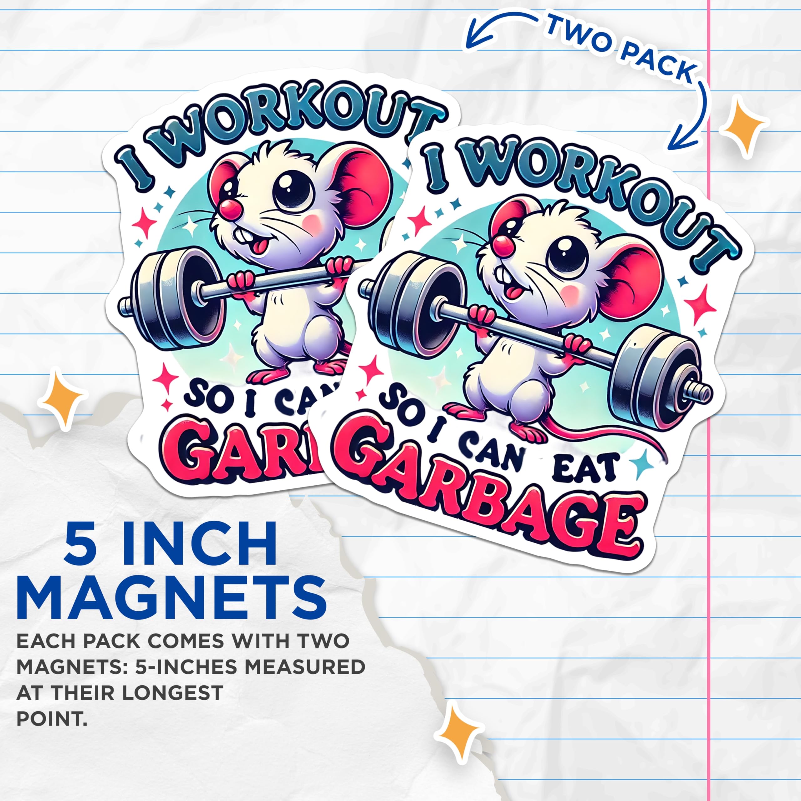 (2 Pack) Workout Mouse Magnets - Funny Fitness - Eat Garbage Novelty Decor - 5" On Longest Side - Premium Magnet - for Cars, Refrigerators, Toolboxes, Lockers - Made in USA - MAG15131