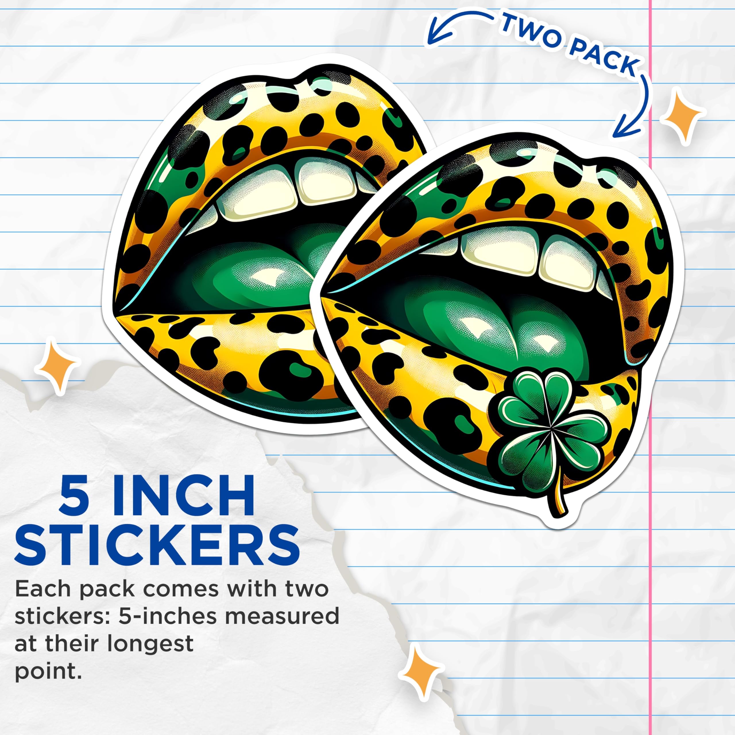 (2 Pack) Leopard Lips Stickers - Shamrock Kiss - St Patricks Day Decal - 5" On Longest Side - Sticks to Smooth Flat Surfaces - Made in USA - BMCS17018