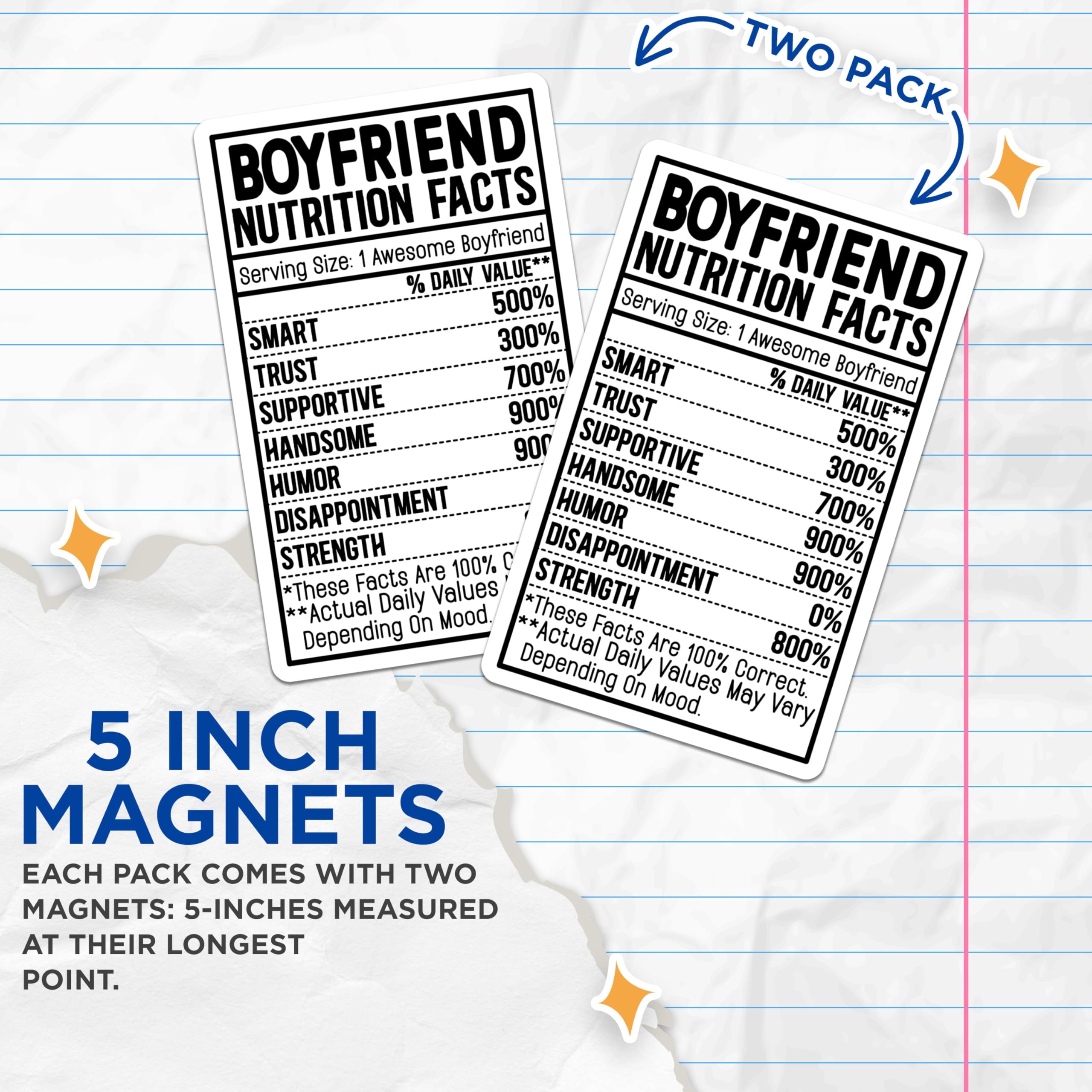 (2 Pack) Boyfriend Nutrition Facts Magnets - Fun Boyfriend - Relationship Humor Magnets - 5" On Longest Side - for Cars, Fridges, Toolboxes - Made in USA - MAG3950