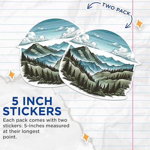 (2 Packs) Mountains Forest Hiking Stickers - Nature Beautiful Scenery Decals - 5 Inches On Longest Side - Premium Vinyl Decal - Sticks to Any Smooth Flat Surface - Made in USA - BMCS2286