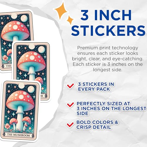 (3 Pack) Mushroom Tarot Card Decals - Magical Fungi Sticker - Whimsical Laptop Decal - 3 Inches On Longest Side - Easy Peel & Apply - Made in USA - 3MCS4228