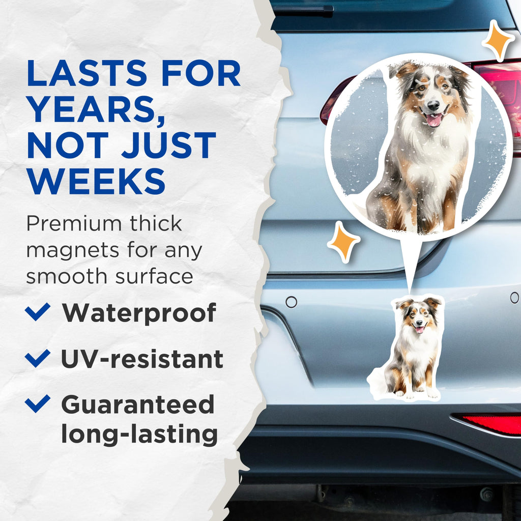 (2 Pack) Australian Shepherd Magnets - Watercolor Aussie Dog Art - Pet Owner Fridge Accessory - 5 Inches On Longest Side - Thick Durable Magnet - Made in USA - MAG30043