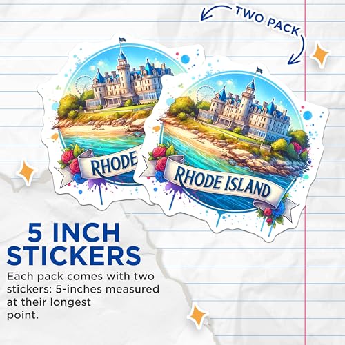 (2 Pack) Rhode Island Landmark Stickers - Vintage Travel Destination - State Pride Decal - 5" On Longest Side - Sticks to Smooth Flat Surfaces - Made in USA - BMCS6782