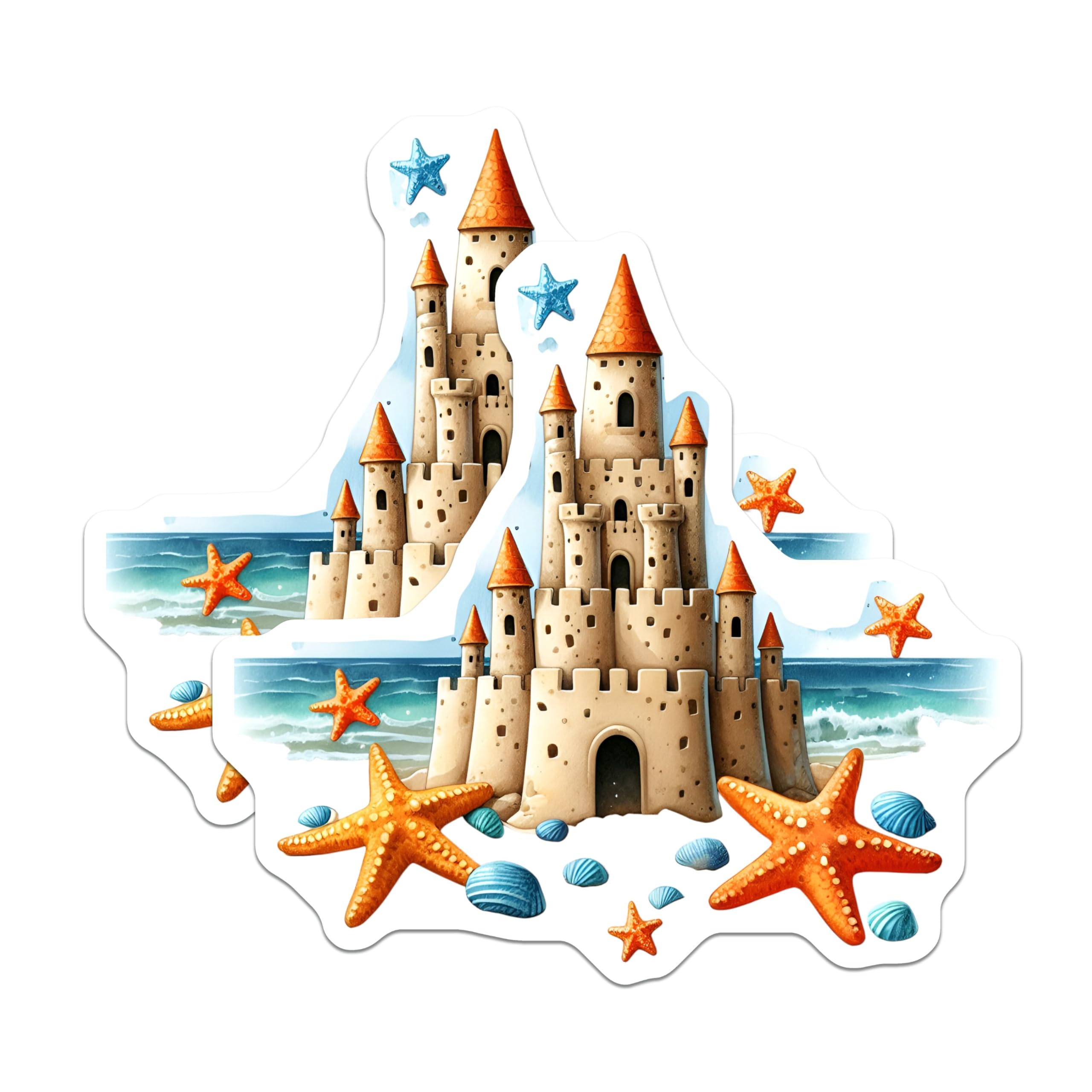 (2 Pack) Sandcastle Stickers - Beach Theme - Summer Vacation - 5" On Longest Side - Sticks to Smooth Flat Surfaces - Made in USA - BMCS9283 - Ocean Scene - Coastal Decor - Starfish