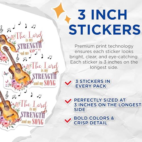 (3 Pack) Guitar Decals - Strength and Song - Music Notes - 3 Inches On Longest Side - Easy Peel & Apply - Made in USA - 3MCS7333