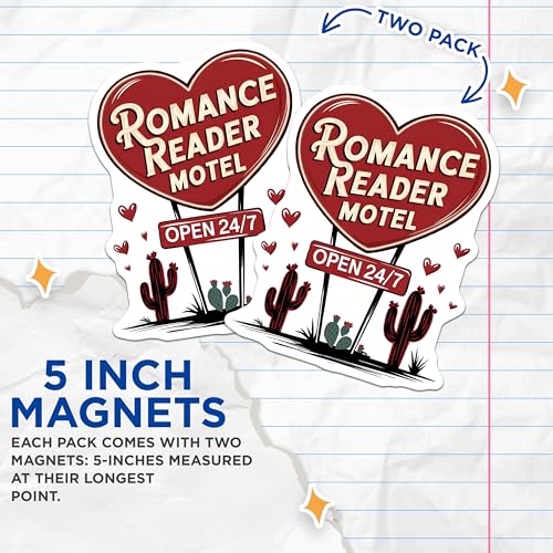 (2 Pack) Romance Reader Motel Magnets - Open 24/7 Magnets - Heart Shape Motel Magnets - 5" On Longest Side - for Cars, Refrigerators, Toolboxes, Lockers - Made in USA MAG3558