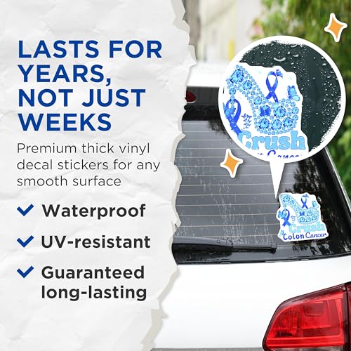 (2 Pack) Crush Colon Cancer Stickers - Cancer Awareness Stickers - Blue Butterfly High Heel Stickers - 5" On Longest Side - Sticks to Any Smooth Flat Surface - Made in USA - BMCS3396
