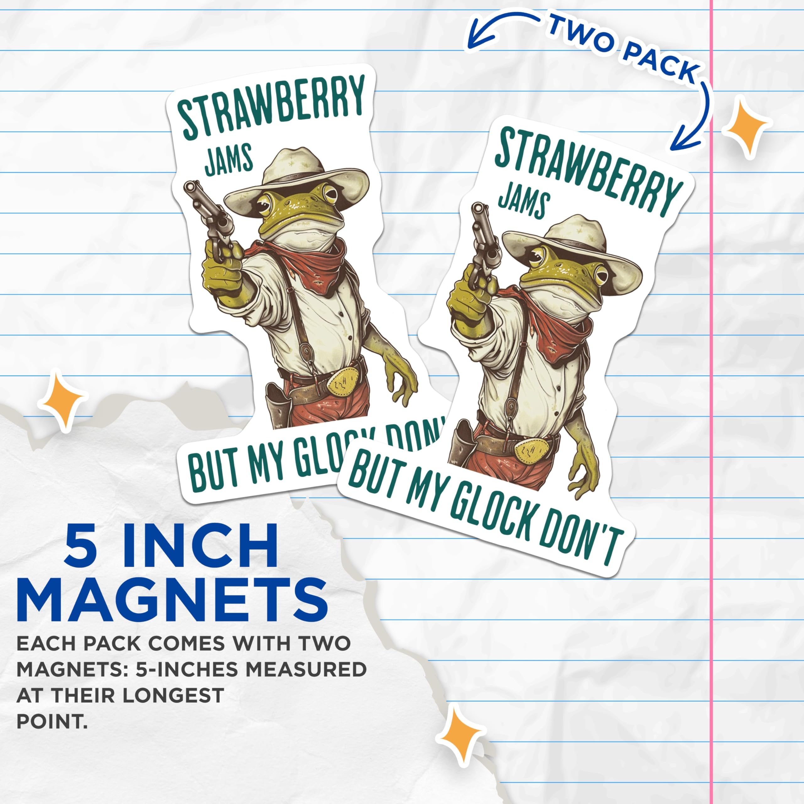 (2 Pack) Funny Frog Cowboy Magnets - Strawberry Jams Joke Magnets - Vintage Style Gun Magnets - 5" On Longest Side - for Cars, Refrigerators, Toolboxes, Lockers - Made in USA BMCS3480
