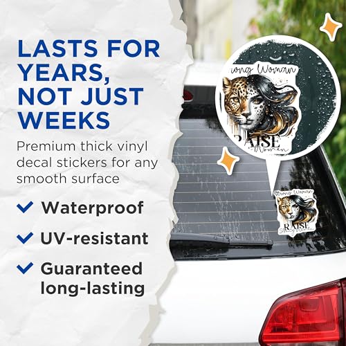 (2 Pack) Strong Woman Stickers - Raise Strong Women - Leopard Face Art Decal - 5" On Longest Side - Sticks to Smooth Flat Surfaces - Made in USA - BMCS9248