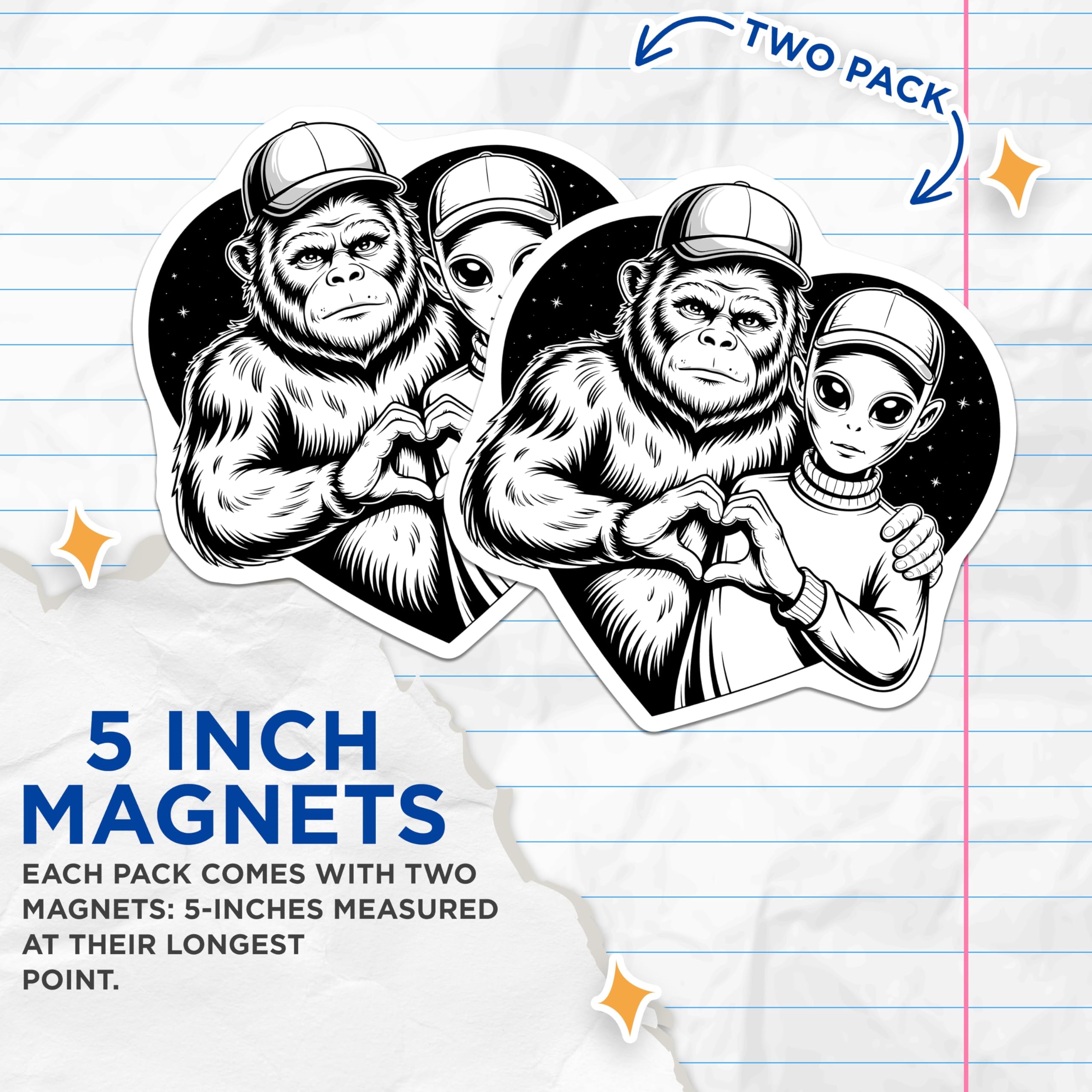 (2 Pack) Gorilla Alien Love Magnets - Heart Hands Friendship - Space Extraterrestrial Ape Decor - 5 Inches On Longest Side - Thick Durable Magnet - Made in USA - MAG22015