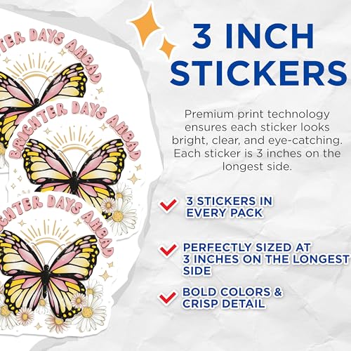 (3 Pack) Brighter Days Butterfly Decals - Positive Quote - Laptop Decals - 3 Inches On Longest Side - Easy Peel & Apply - Made in USA - 3MCS7384
