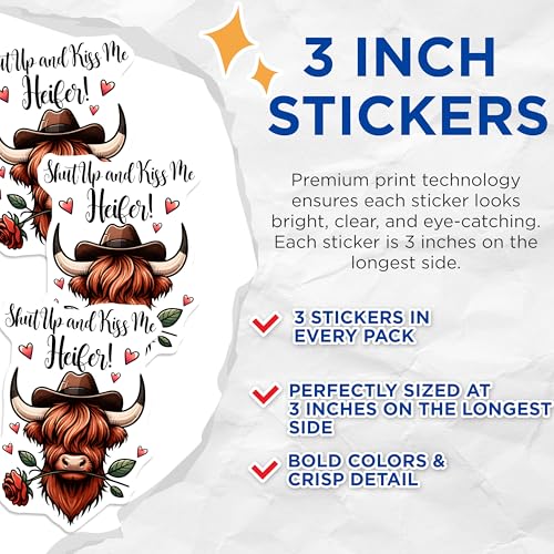 (3 Pack) Highland Cow Decals - Funny Heifer - Cowboy Hat Cow Decals - 3 Inches On Longest Side - Easy Peel & Apply - Made in USA - 3MCS1933