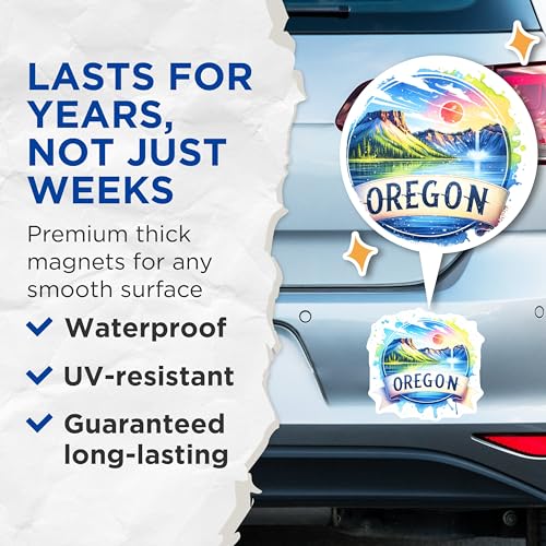 (2 Pack) Oregon Nature Magnets - Scenic Landscape - Mountain and Lake - State Pride - Travel Souvenir - 5" On Longest Side - for Cars, Fridges, Toolboxes - Made in USA - MAG6660