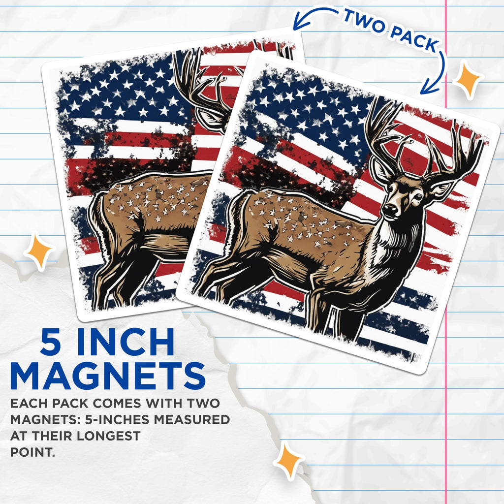 (2 Pack) Patriotic Deer Magnets - American Flag Buck Art - Hunter Wildlife Refrigerator Decor - 5 Inches On Longest Side - Thick Durable Magnet - Made in USA - MAG19952