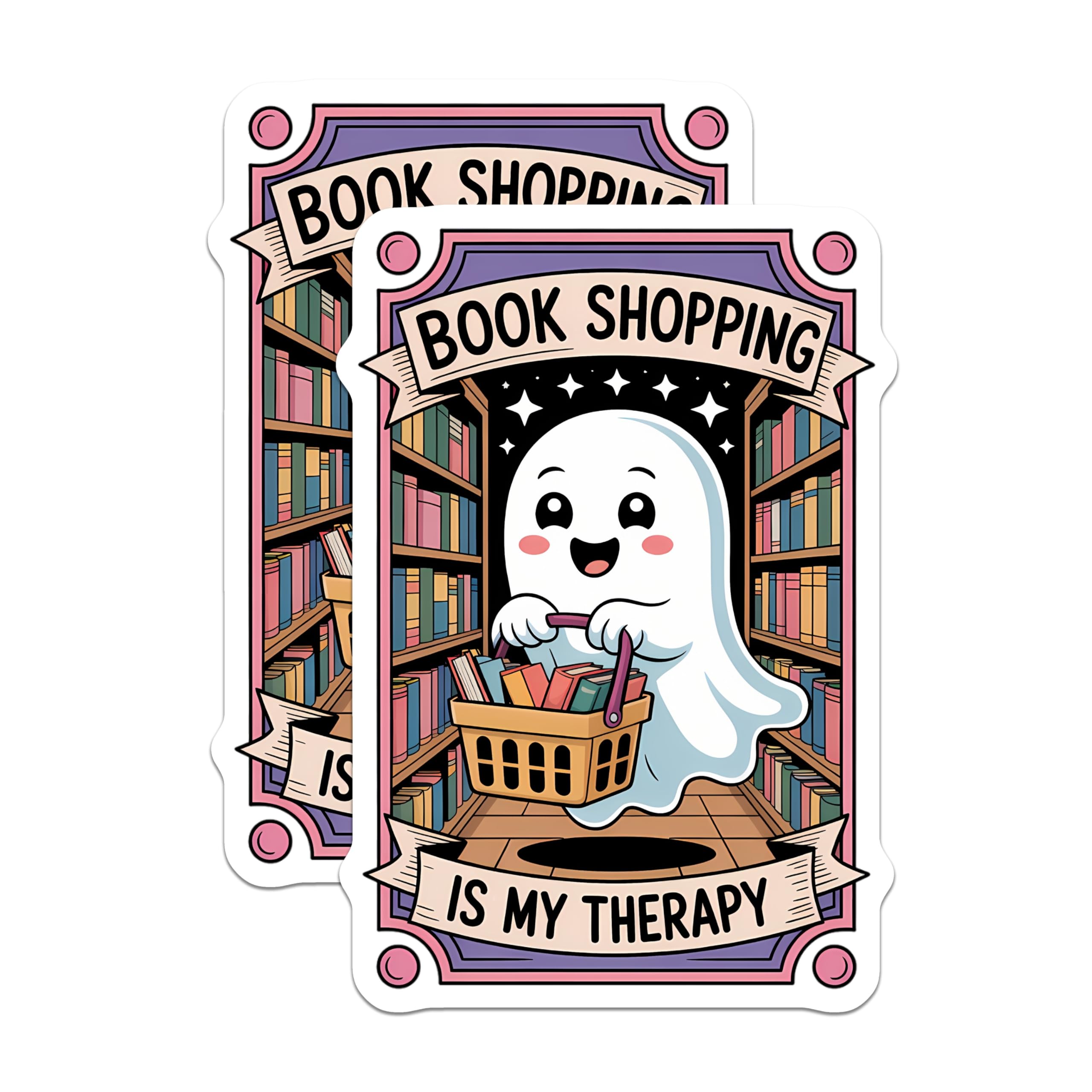 (2 Pack) Book Shopping Therapy Magnets - Cute Ghost Library Reader - Bookworm Bibliophile Decor - 5 Inches On Longest Side - Thick Durable Magnet - Made in USA - MAG22491