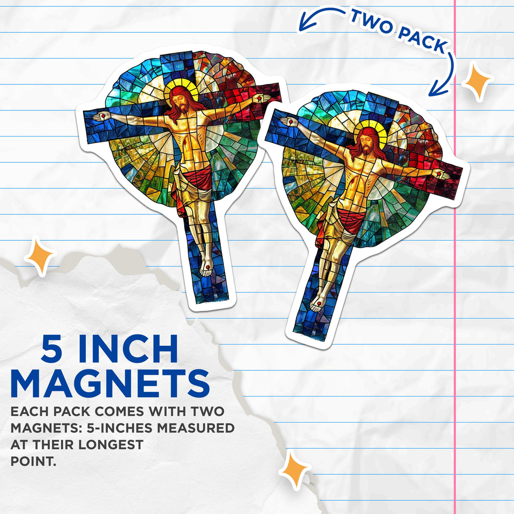 (2 Pack) Stained Glass Jesus Cross Magnets - Christian Religious Faith Art - Spiritual Home Decor Refrigerator Magnets - 5 Inches On Longest Side - Thick Durable Magnet - Made in USA - MAG39854