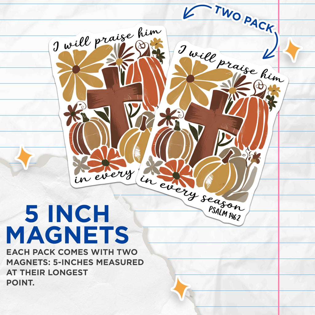 (2 Pack) Christian Fall Scripture Magnets - Rustic Autumn Pumpkin Decor - Bible Verse Fridge Accessories - 5 Inches On Longest Side - Thick Durable Magnet - Made in USA - MAG22061