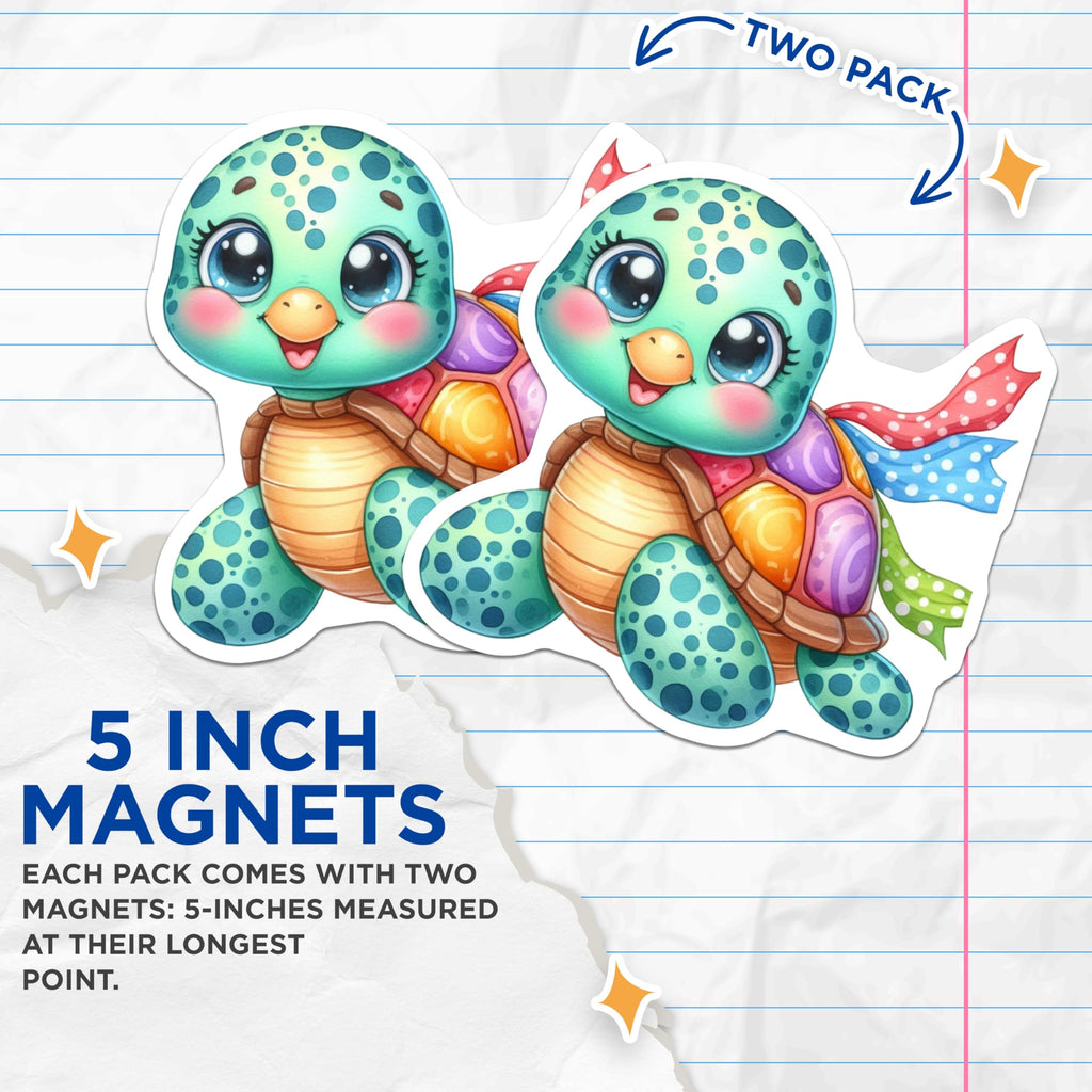 (2 Pack) Kawaii Turtle Magnets - Colorful Sea Creature Decor - Nautical Nursery Kids Room - 5 Inches On Longest Side - Thick Durable Magnet - Made in USA - MAG21154