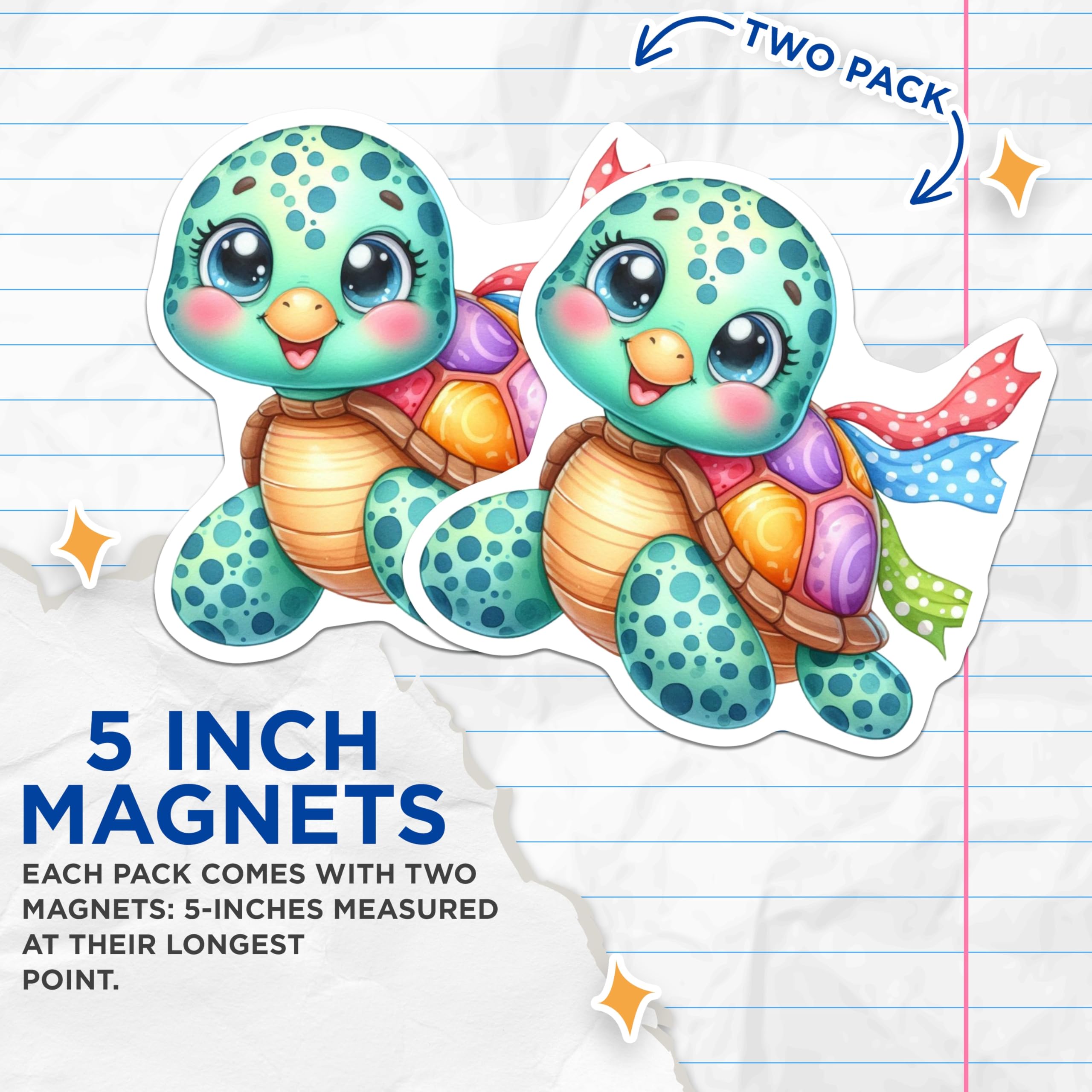 (2 Pack) Kawaii Turtle Magnets - Colorful Sea Creature Decor - Nautical Nursery Kids Room - 5 Inches On Longest Side - Thick Durable Magnet - Made in USA - MAG21154