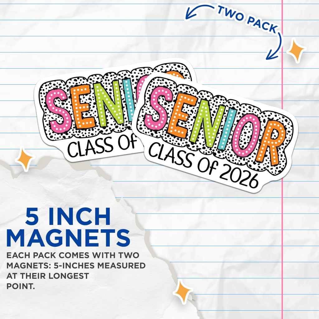 (2 Pack) Senior 2026 Magnets - Graduation Class - Refrigerator Home Decor - 5" On Longest Side - Sticks to Smooth Flat Surfaces - Made in USA - MAG10399