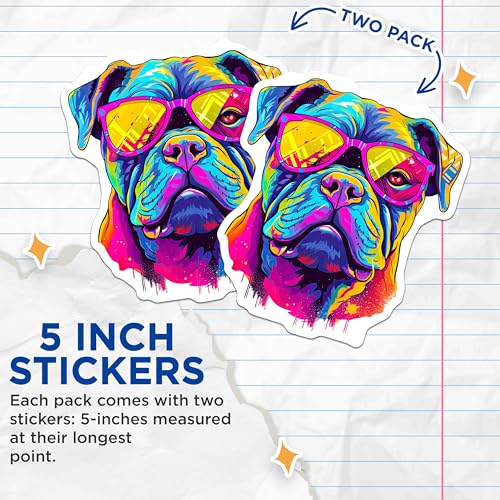 (2 Pack) Colorful Dog Stickers - Neon Dog Art Stickers - Bright Bulldog Stickers - 5" On Longest Side - Sticks to Smooth Flat Surfaces - Made in USA - BMCS7233