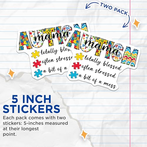 (2 Pack) Autism Mama Stickers - Blessed Stressed Mess - Puzzle Piece Decals - 5" On Longest Side - Sticks to Smooth Flat Surfaces - Made in USA - BMCS8523