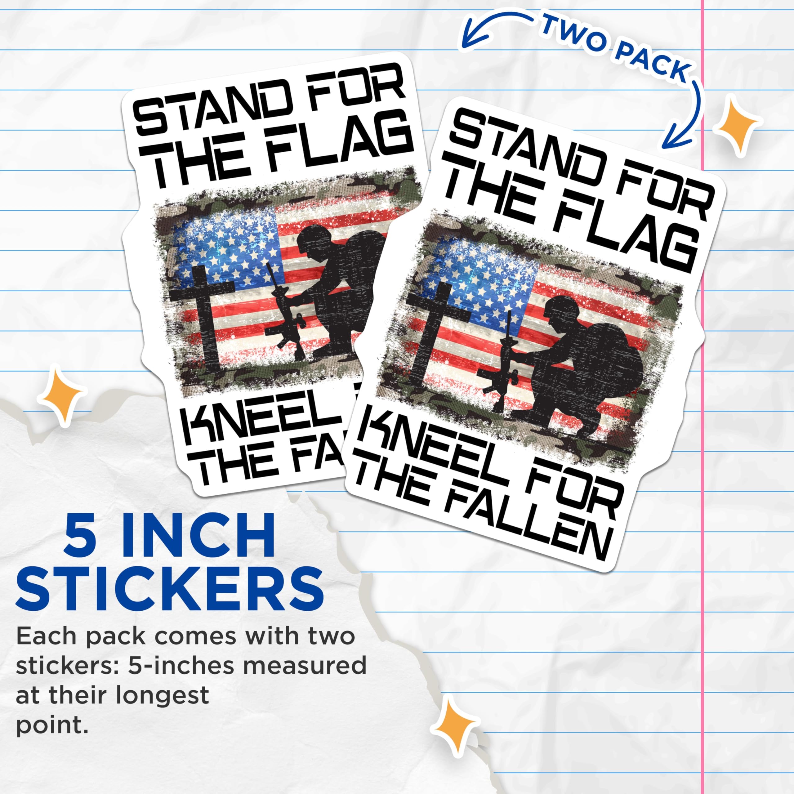 (2 Pack) Stand for The Flag Stickers - Kneel for The Fallen - Patriotic American Flag Stickers - Soldier Memorial - 5" On Longest Side - Sticks to Smooth Flat Surfaces - Made in USA - BMCS5716
