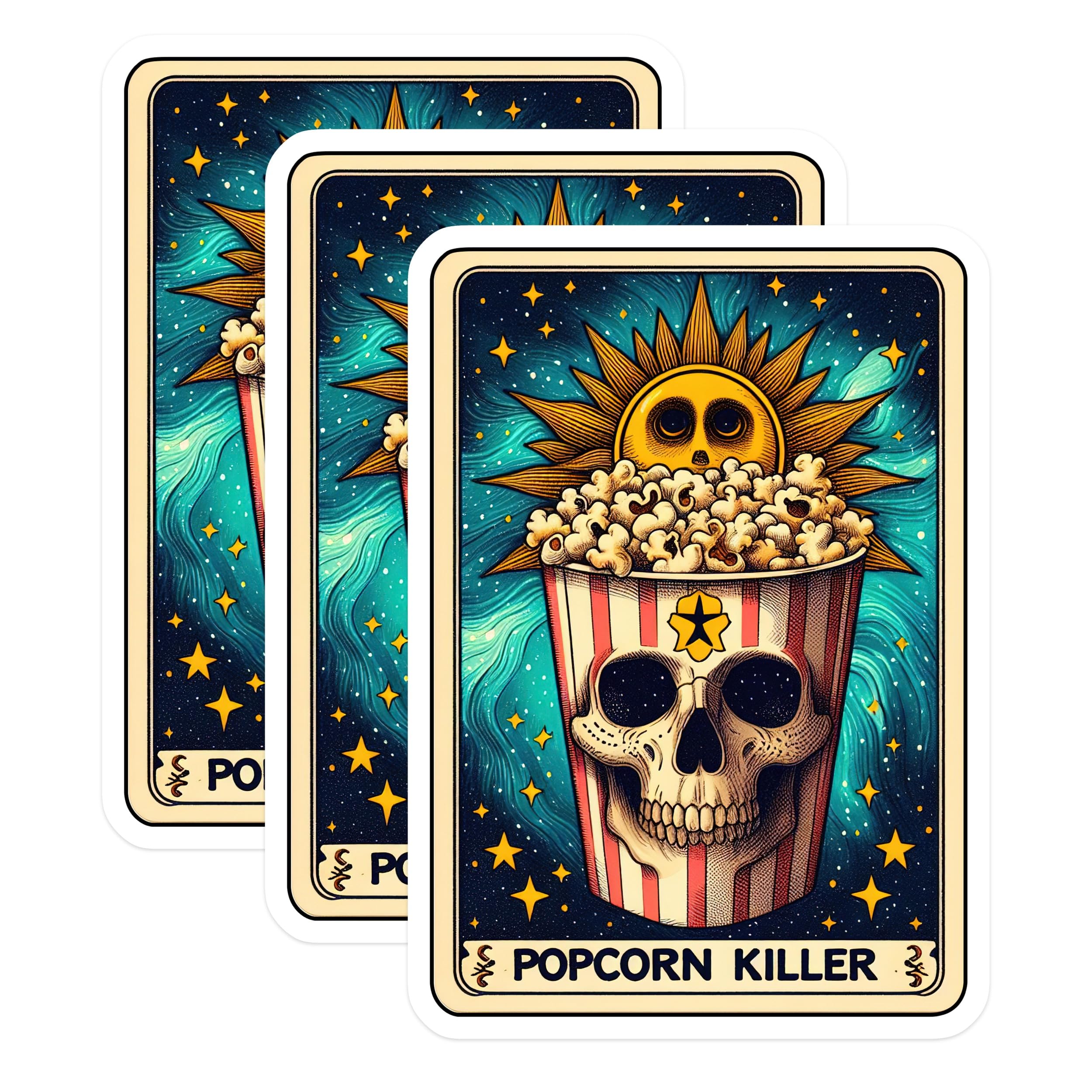 (3 Pack) Popcorn Killer Decals - Skull Laptop Decal - Movie Lover Decals - 3 Inches On Longest Side - Easy Peel & Apply - Made in USA - 3MCS4036
