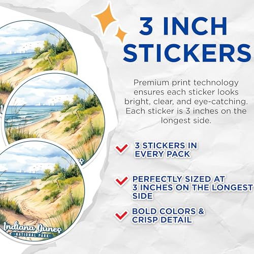 (3 Pack) Indiana Dunes Decals - National Park Sticker - Beach Scene Decal - 3 Inches On Longest Side - Easy Peel & Apply - Made in USA - 3MCS0512