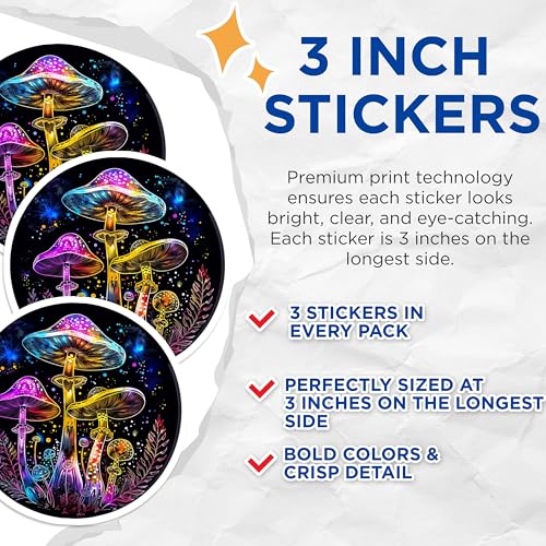 (3 Pack) Mushroom Decals - Psychedelic Art Stickers - Laptop Decal Decorations- 3 Inches On Longest Side - Easy Peel & Apply - Made in USA - 3MCS5583