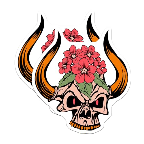 (2 Pack) Skull with Flowers Stickers - Unique Skull Art - Red Flower Skull Design - 5" On Longest Side - Sticks to Smooth Flat Surfaces - Made in USA - BMCS5532